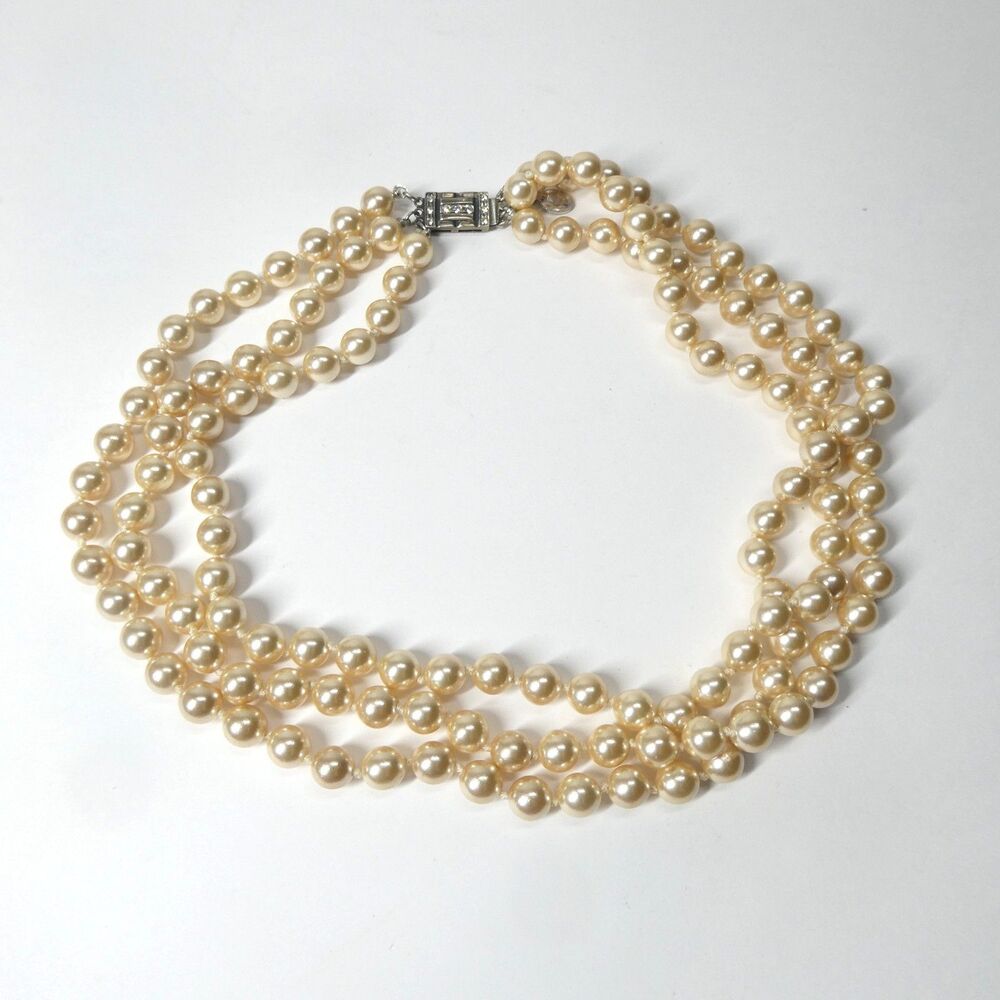 Jackie’s Pearls Franklin Mint - Replica 3 Strand Faux Pearl Necklace Vintage MCM
